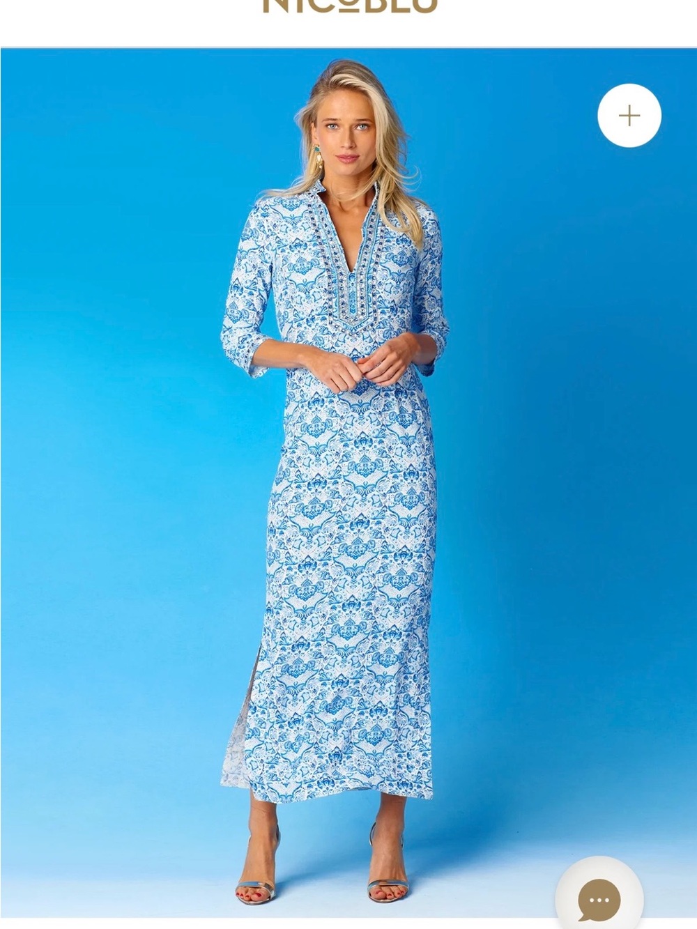 NicoBlu Shalimar Dress,blue and white print,sparkling sapphire jewel embellished